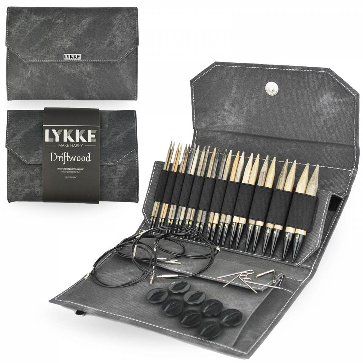 LYKKE Crafts Premium Birchwood Interchangeable Knitting Needle Sets - Driftwood - Grey Case - 5 Tips US 4 - 17