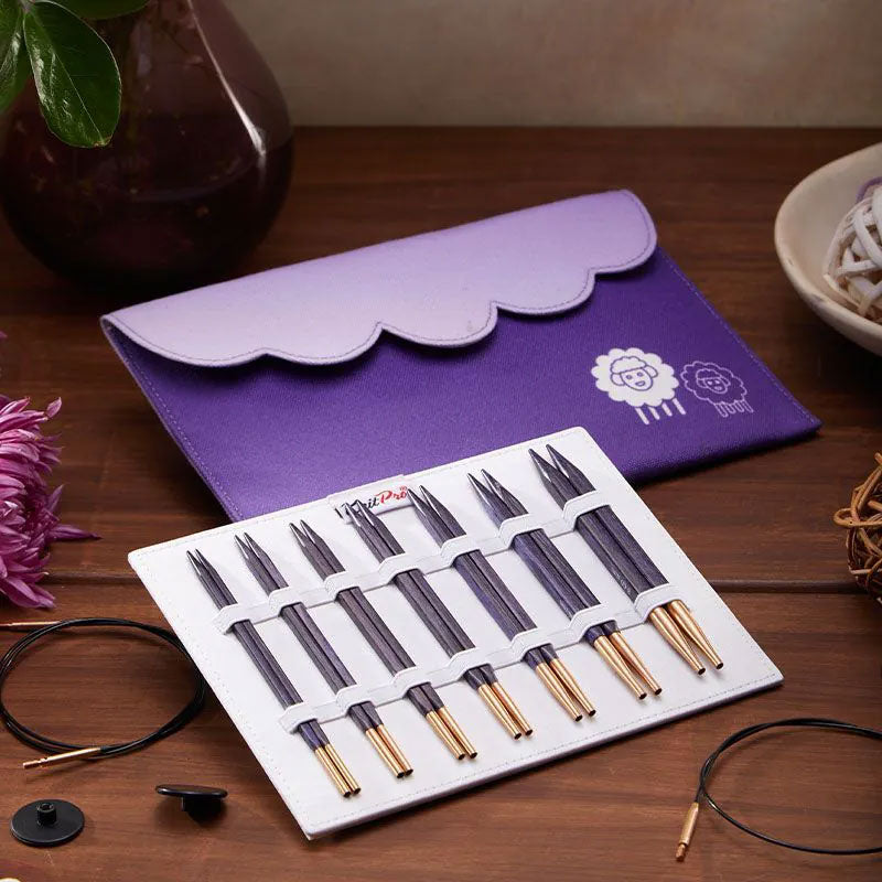 KnitPro Jadore Cubics Deluxe Interchangeable Needle Set with Royal Purple Finish and Ideal Sizes for All - Level Knitters
