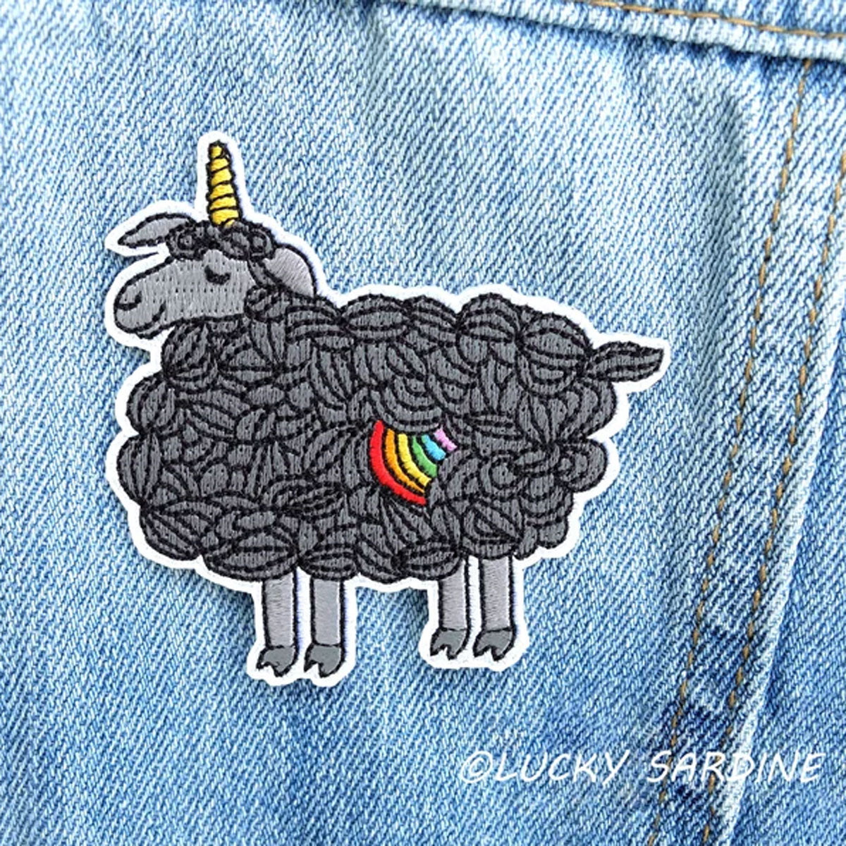Lucky Sardine - Enchanting Black Sheep Unicorn Rainbow Embroidered Patch for Fashion and Gifts