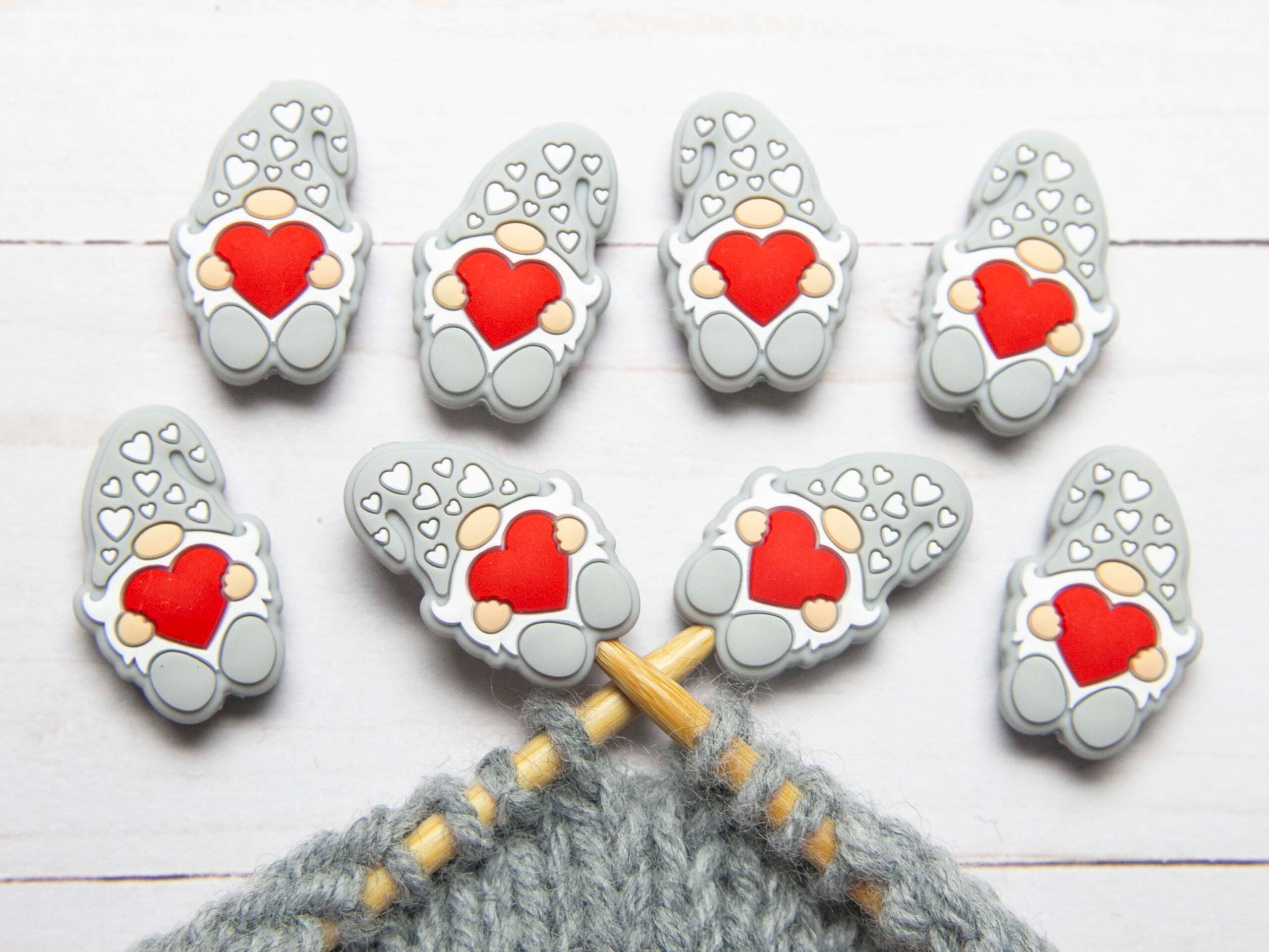 Fox & Pine Stitches Adorable Grey Gnome with Hearts Stitch Stoppers/Point Protectors for Knitters
