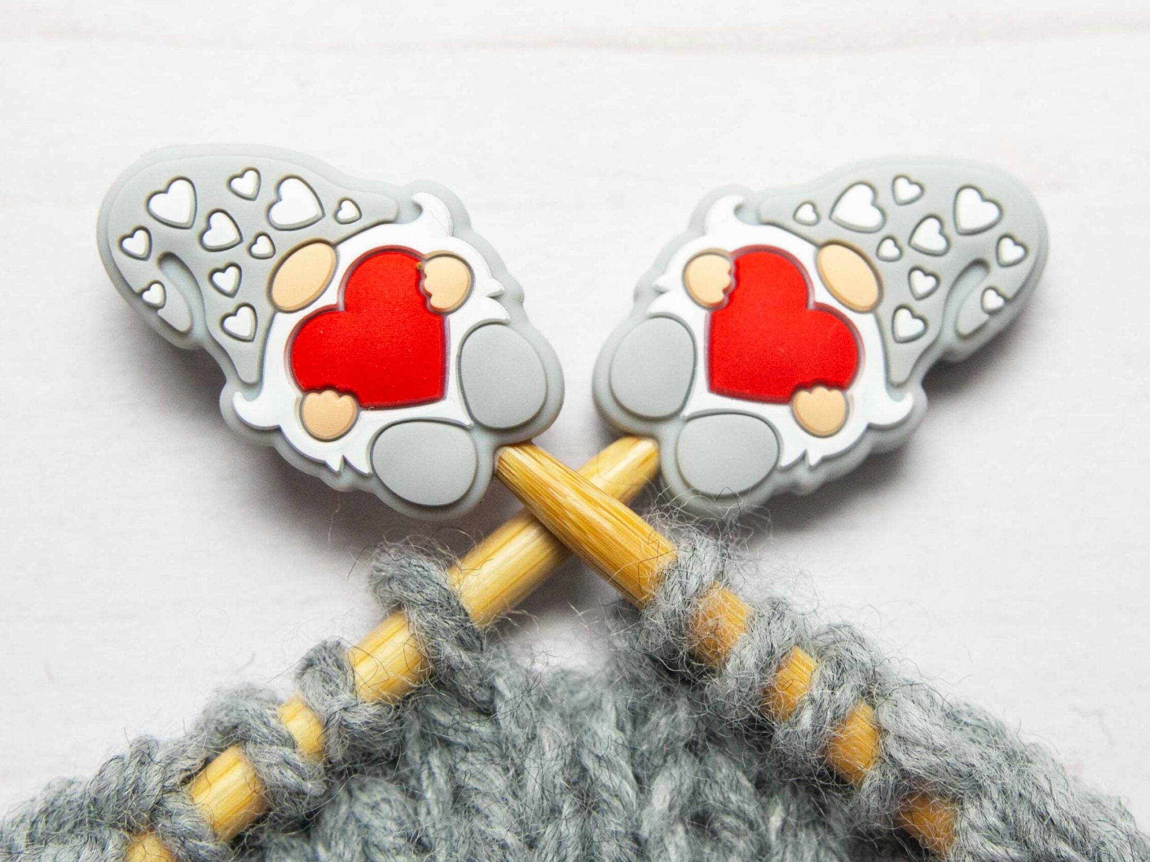 Fox & Pine Stitches Adorable Grey Gnome with Hearts Stitch Stoppers/Point Protectors for Knitters