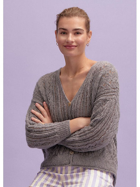 Lana Grossa Classici 24 Patterns - 18 Lace Cable Knit Cardigan Jacket in Grey - PDF Download (Sizes: S US 4 - 6 (36/38), M US 8 - 10 (40/42), L US 12 (44))
