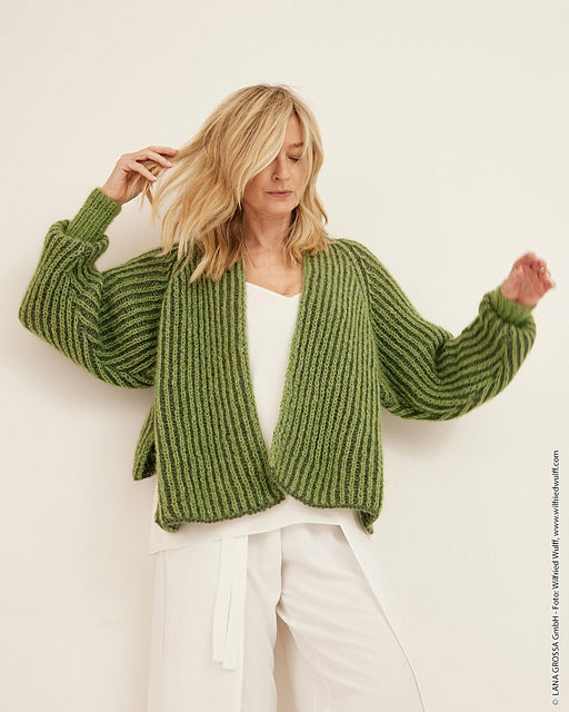 Lana Grossa Classici 20 Patterns - 16 High-Low Raglan Cardigan Jacket in Silkhair & Ecopuno - PDF Download (Sizes: Small US 4-6 (36/38), Medium US 8-10 (40/42), Large US 12 (44), Colors: Moss Green, Leaf Green, Light Green)