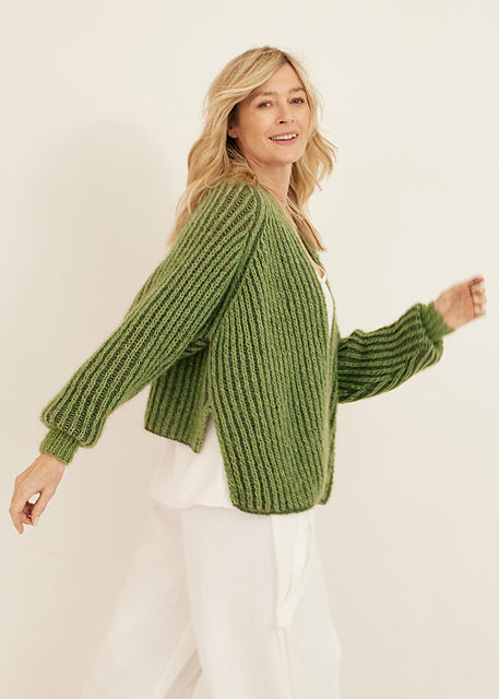Lana Grossa Classici 20 Patterns - 16 High-Low Raglan Cardigan Jacket in Silkhair & Ecopuno - PDF Download (Sizes: Small US 4-6 (36/38), Medium US 8-10 (40/42), Large US 12 (44), Colors: Moss Green, Leaf Green, Light Green)
