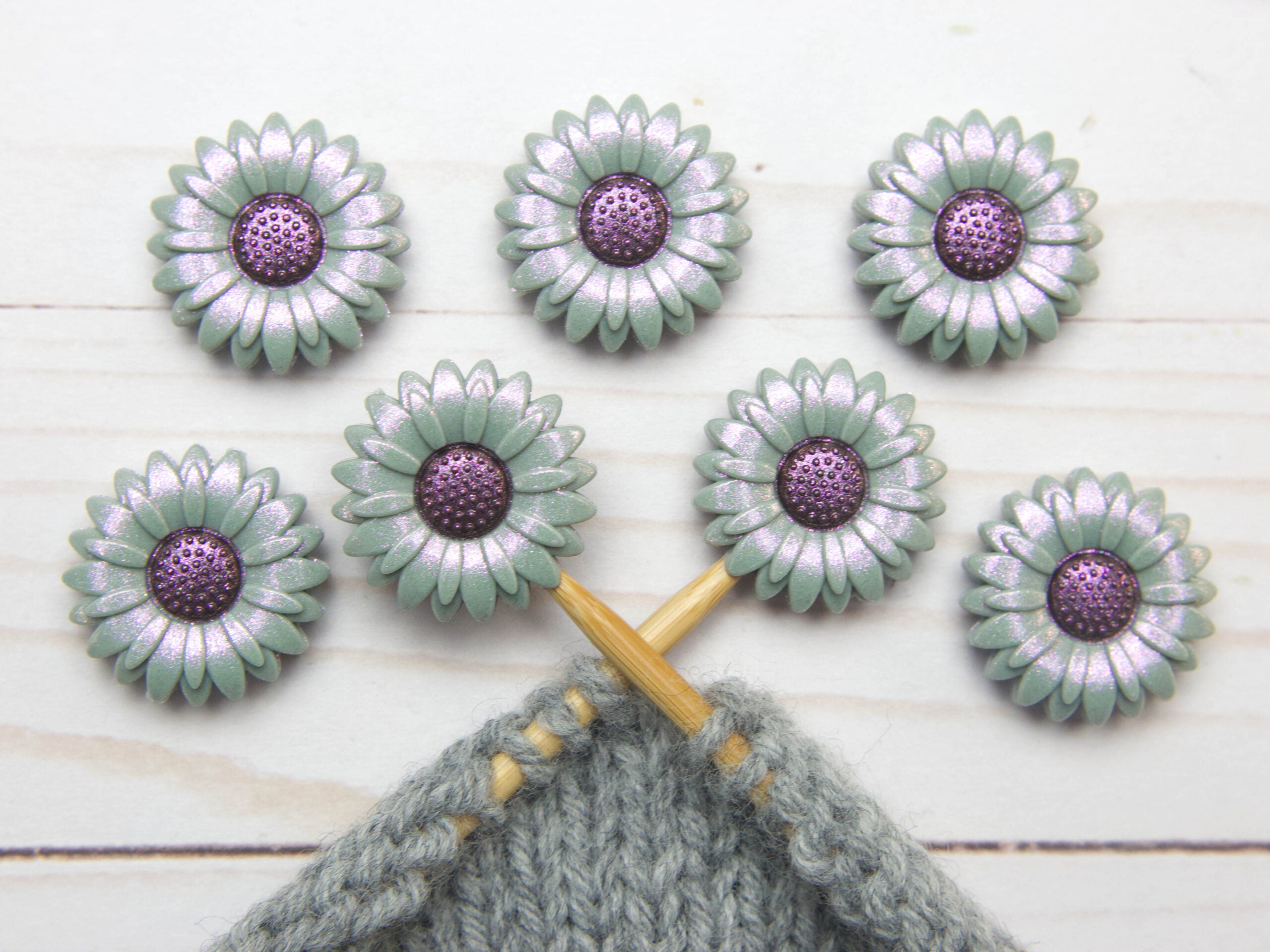 Fox & Pine Stitches - Premium Green Grey Shimmer Daisy Stitch Stoppers/Point Protectors