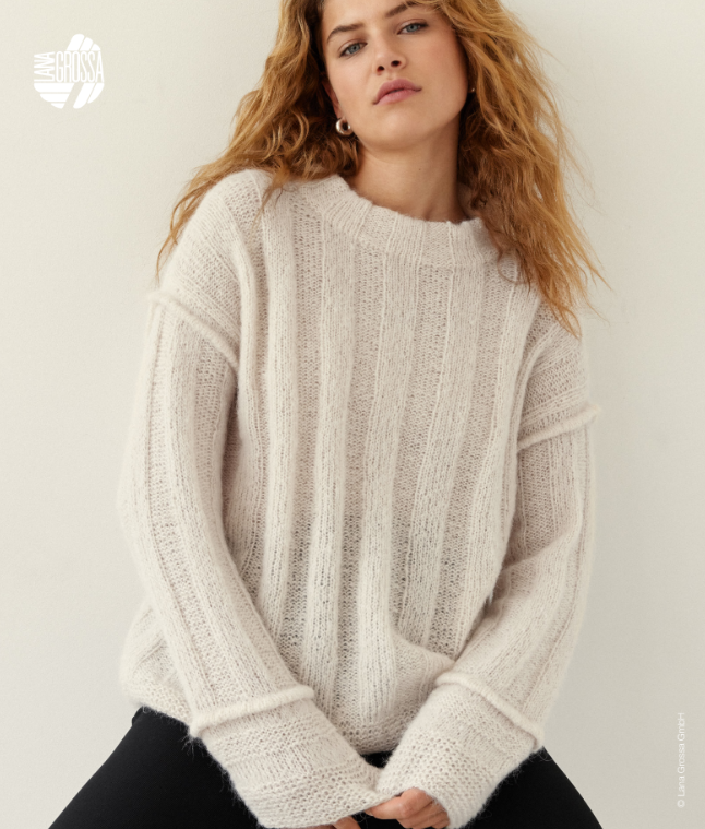 Lana Grossa Classici 25 Patterns - 12 Wide Rib Pullover in Cream Color - PDF Download for US Sizes Small (4 - 6/36/38), Medium (8 - 10/40/42), Large (12/44)