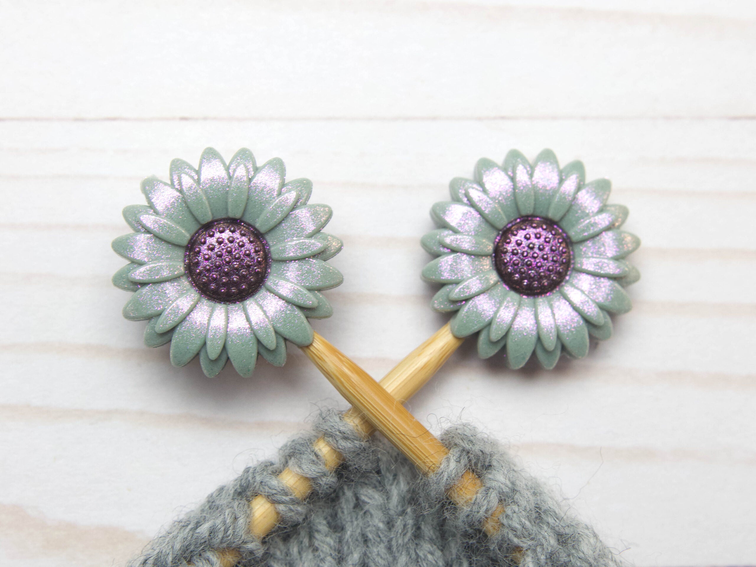 Fox & Pine Stitches - Premium Green Grey Shimmer Daisy Stitch Stoppers/Point Protectors