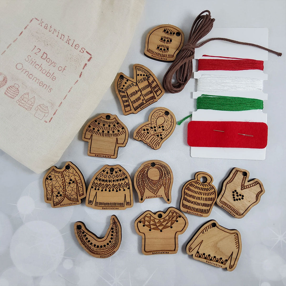 Katrinkles - 12 Days of Stunning Stitchable Christmas Wooden Ornaments Set
