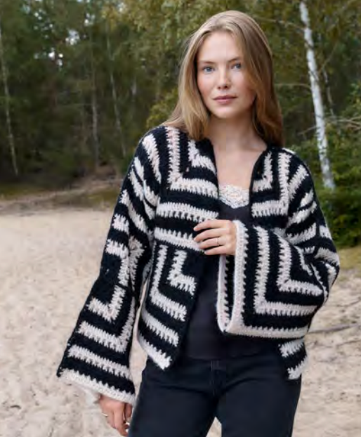 Lana Grossa Alpaca Air Crochet Geometric Cardigan - 8 Geometric Crochet Jacket Patterns PDF Download, One Size, Shown in 02 Beige and 12 Black