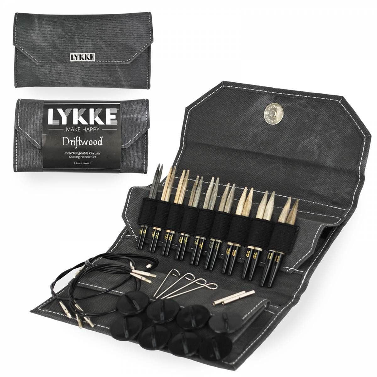 LYKKE Crafts Premium Birchwood Interchangeable Knitting Needle Sets - Driftwood Style in Grey Case, Sizes US 3 - 10.5