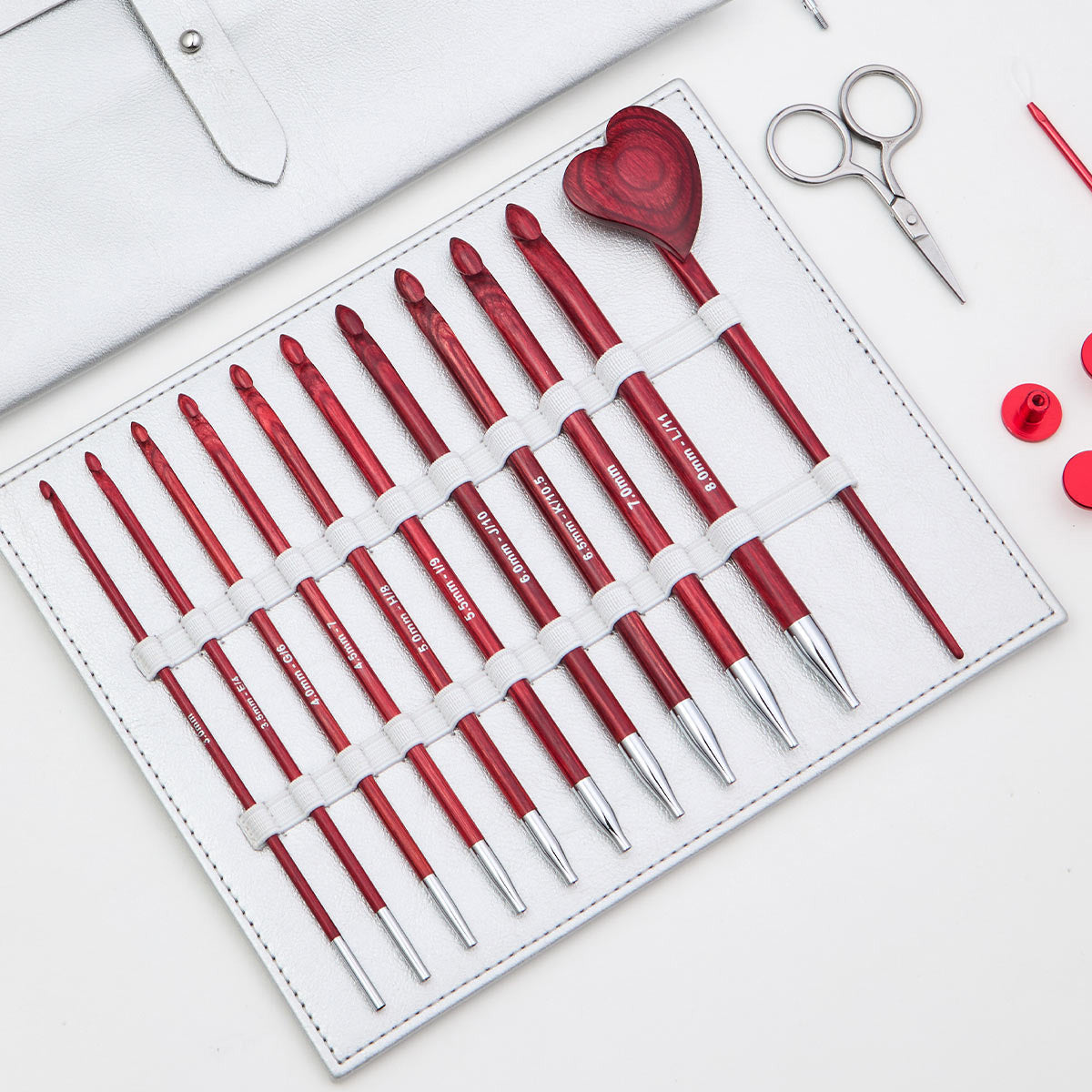 KnitPro Amore 2024 Holiday Gift Set - Vibrant Red Wooden Tunisian Crochet Hook Set with Cables and Accessories