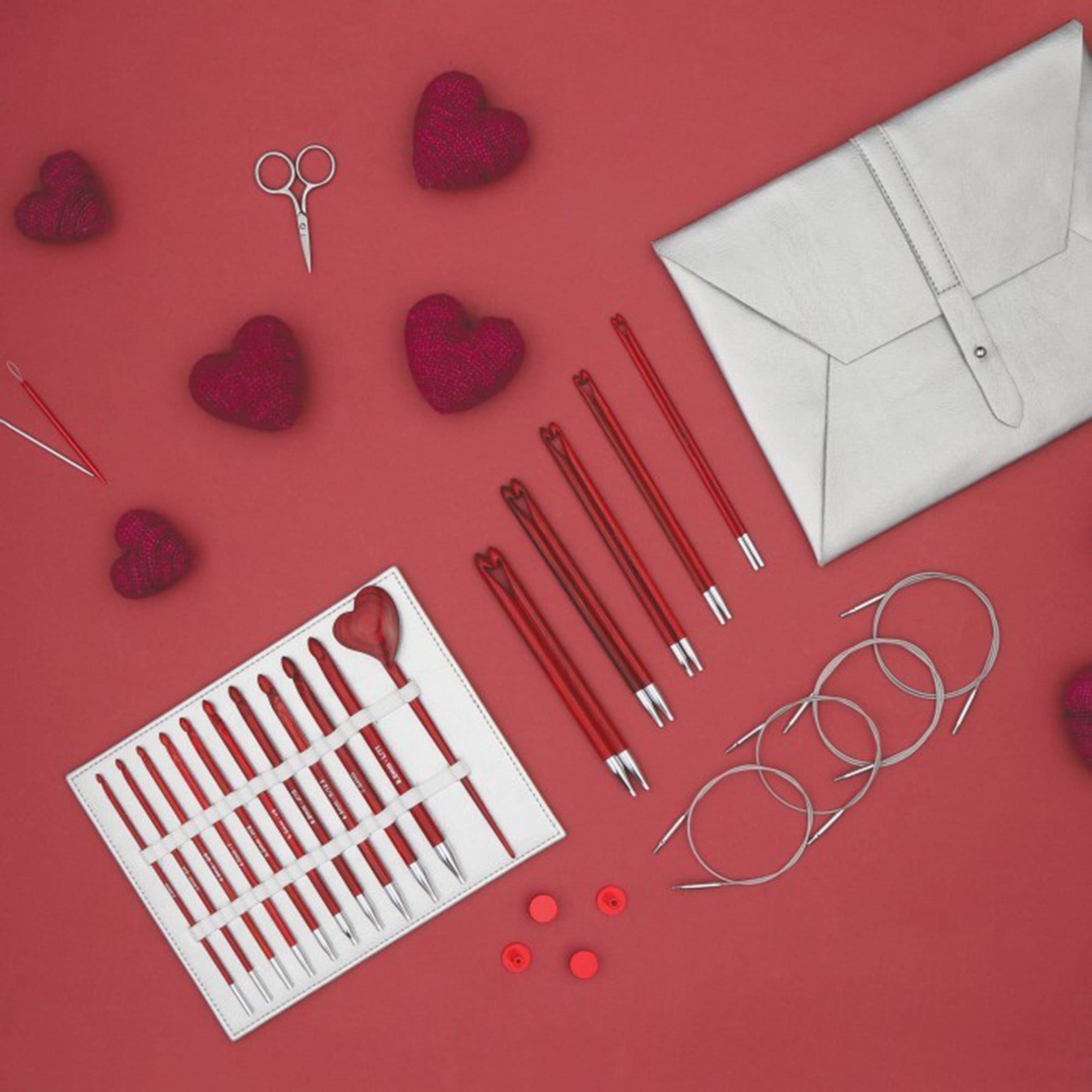 KnitPro Amore 2024 Holiday Gift Set - Vibrant Red Wooden Tunisian Crochet Hook Set with Cables and Accessories