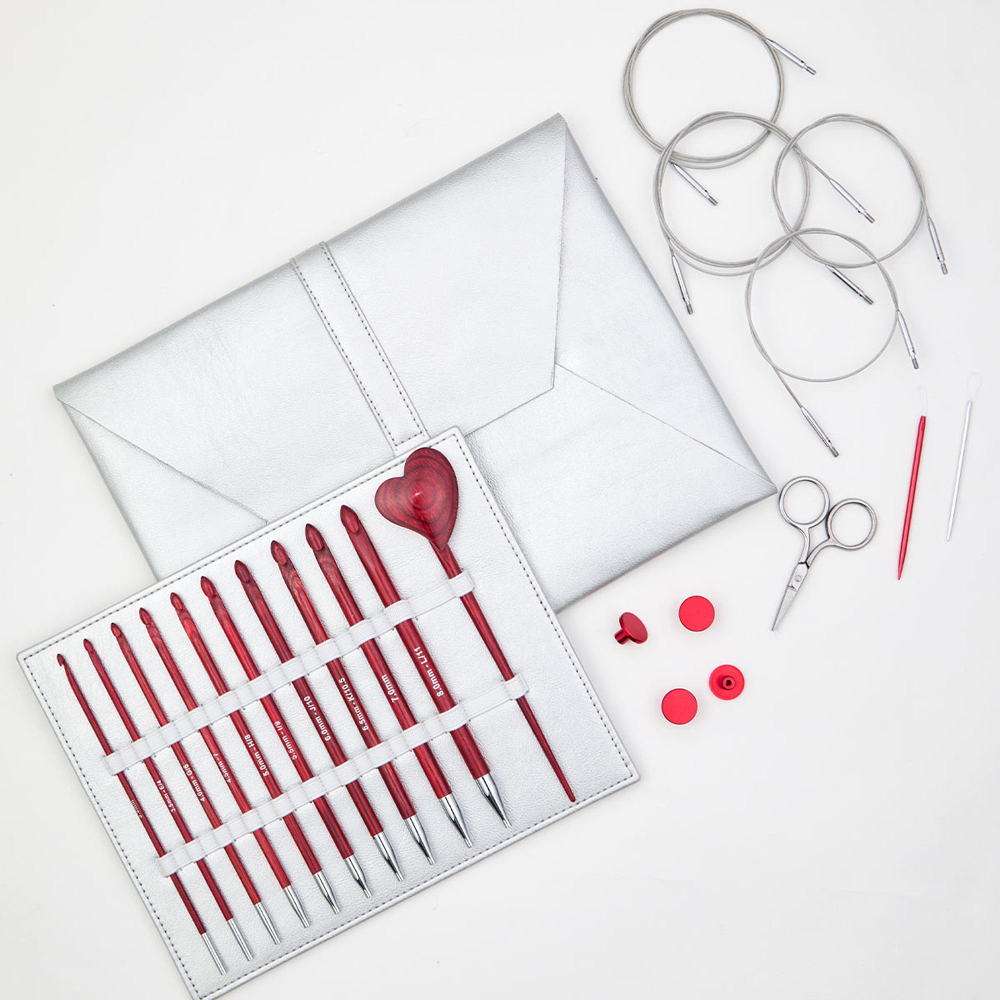 KnitPro Amore 2024 Holiday Gift Set - Vibrant Red Wooden Tunisian Crochet Hook Set with Cables and Accessories