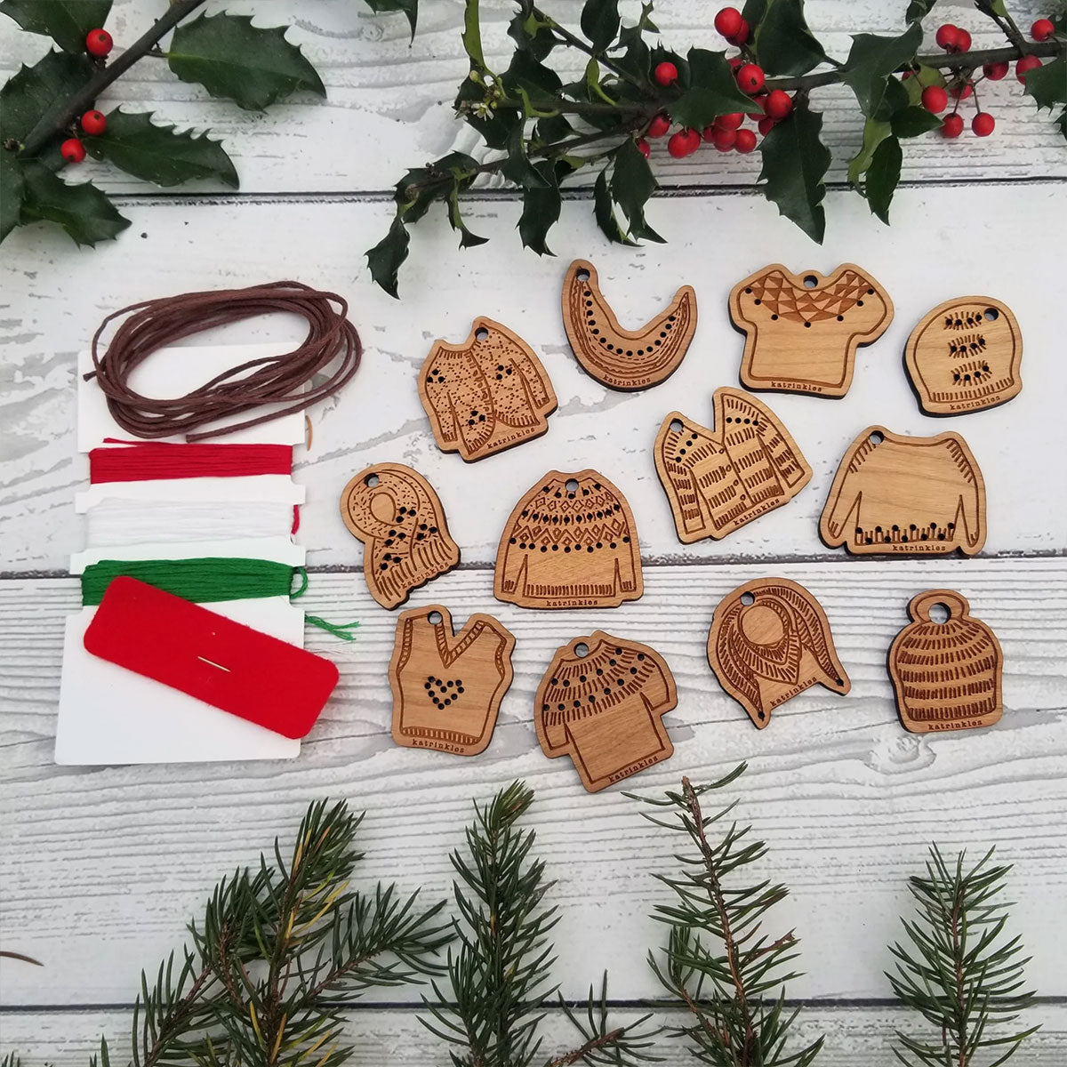 Katrinkles - 12 Days of Stunning Stitchable Christmas Wooden Ornaments Set