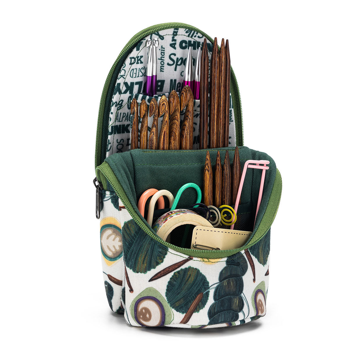 Della Q Standing Needle Case - 600 - Exclusive Fabric Print Collection in Coffee and Yarn Green