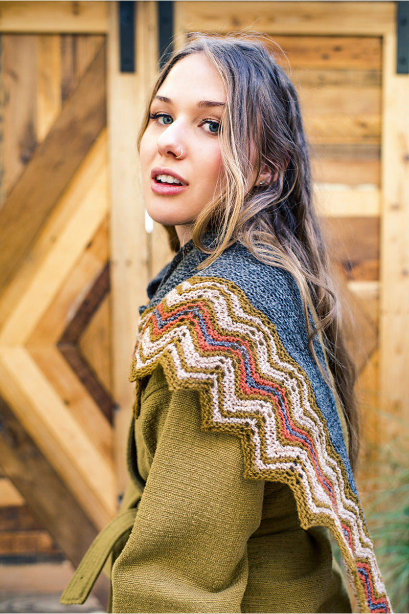 Jamieson's of Shetland Tarra Scarf Kit with Razor Shell Pattern in Shaela, Auld Gold, Camel, and Cocoa