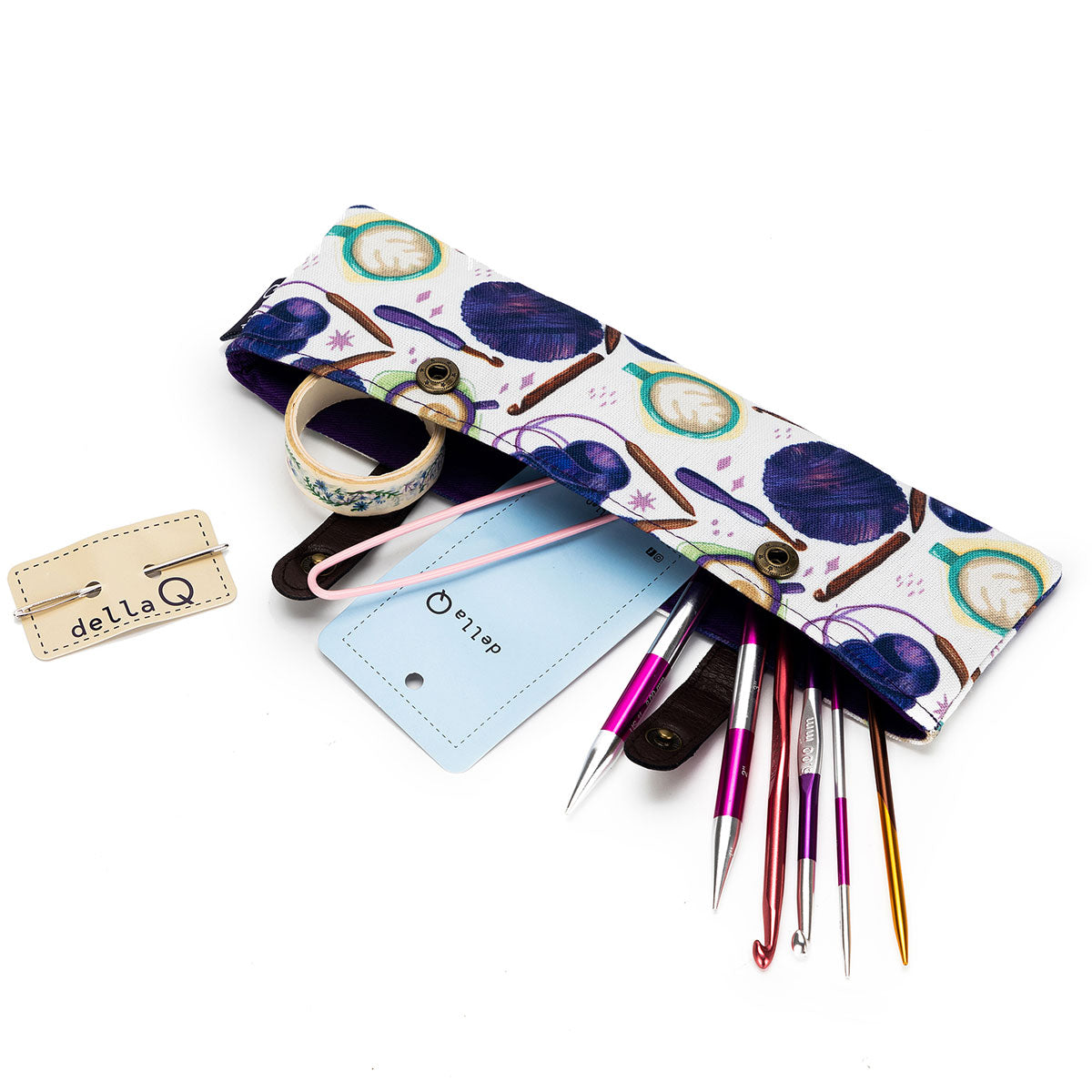 della Q Premium Sock Needle Keeper 1201-1 - Fabric Print Collection - Stunning Coffee and Yarn Purple