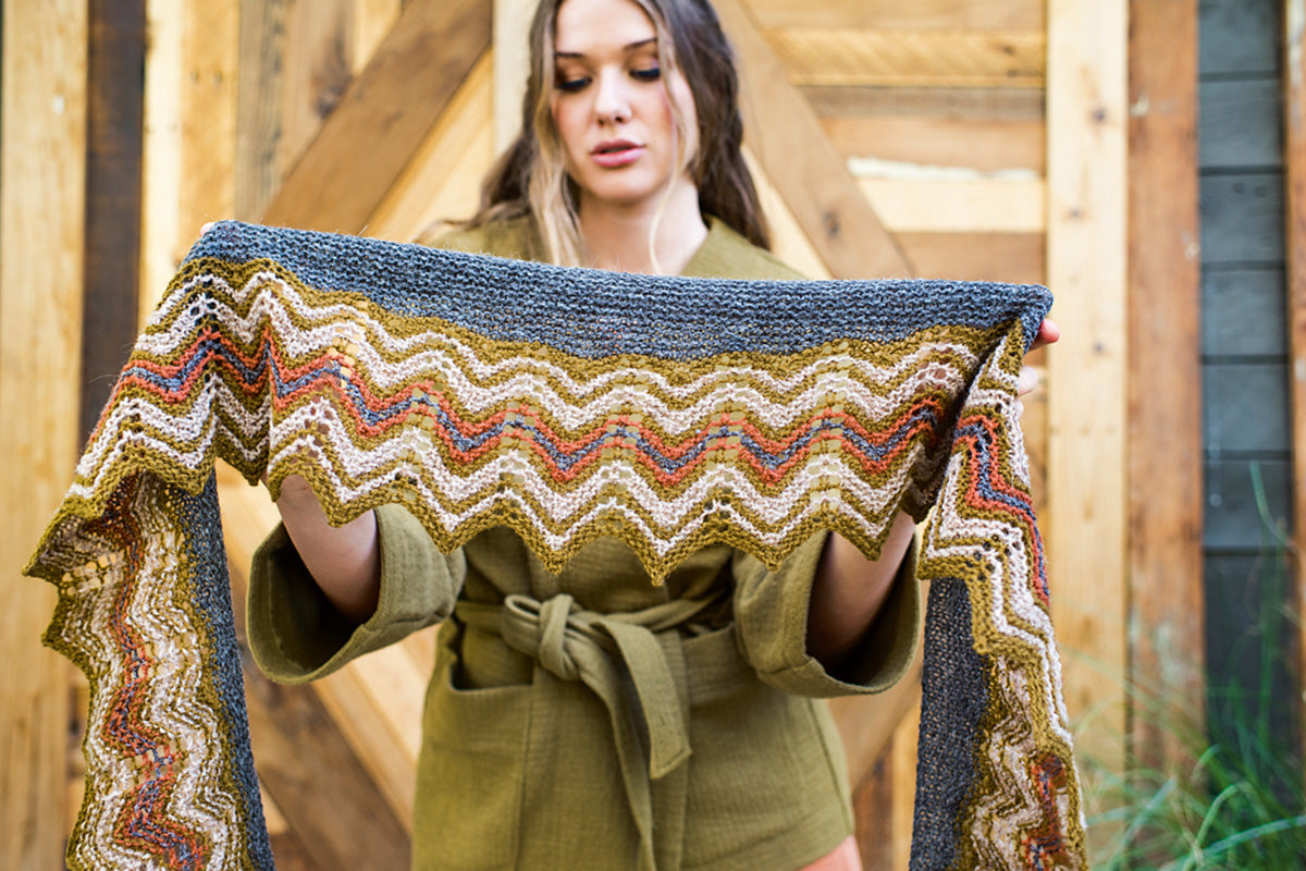 Jamieson's of Shetland Tarra Scarf Kit with Razor Shell Pattern in Shaela, Auld Gold, Camel, and Cocoa