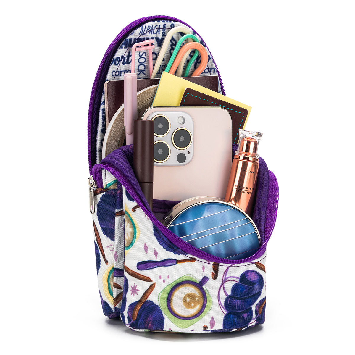 della Q Premium Standing Needle Case - 600 - Exquisite Fabric Print Collection - Coffee and Yarn Purple