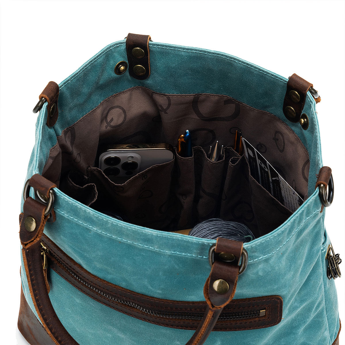 della Q Maker's Premium Canvas Tote in Teal for Knitters and Crocheters