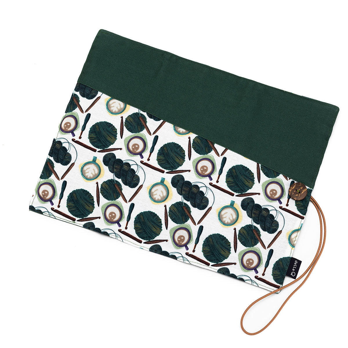 della Q Tri-Fold Circular Needle Case 1145 - Fabric Print Collection - Stylish Coffee and Yarn Green