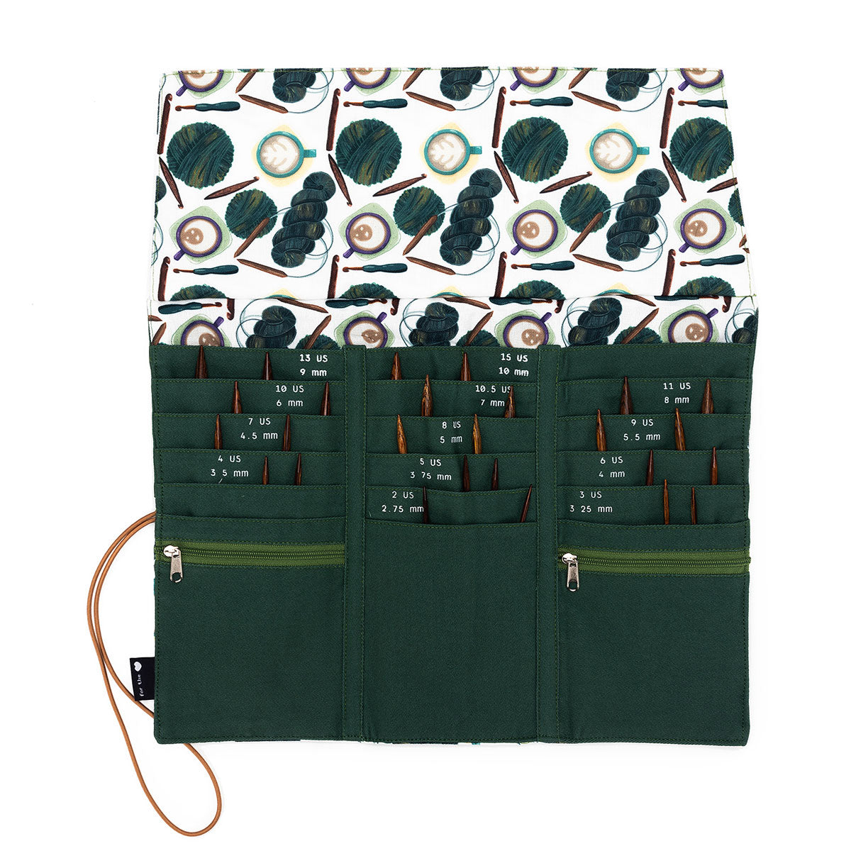 della Q Tri-Fold Circular Needle Case 1145 - Fabric Print Collection - Stylish Coffee and Yarn Green
