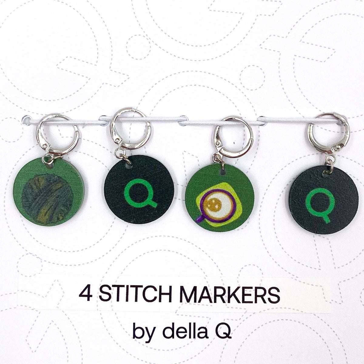 della Q Premium Stitch Marker Sets - Exclusive Fabric Print Collection - Coffee and Yarn Green