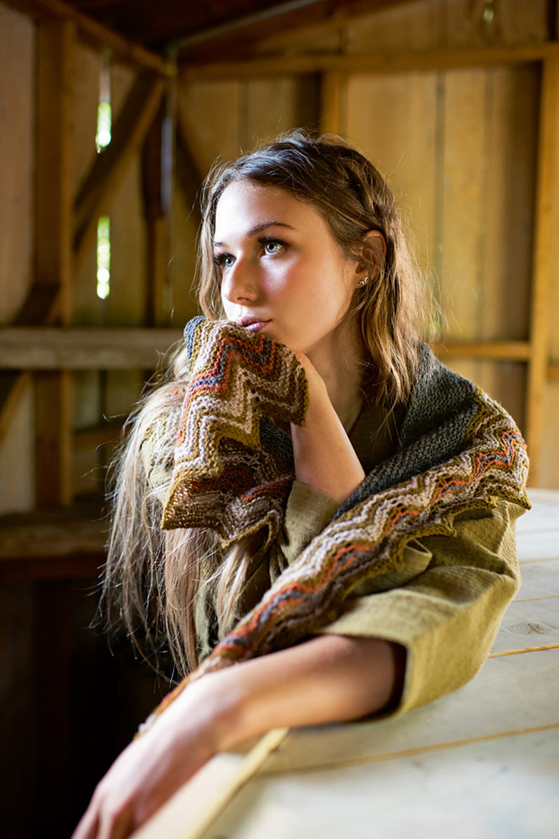 Jamieson's of Shetland Tarra Scarf Kit with Razor Shell Pattern in Shaela, Auld Gold, Camel, and Cocoa