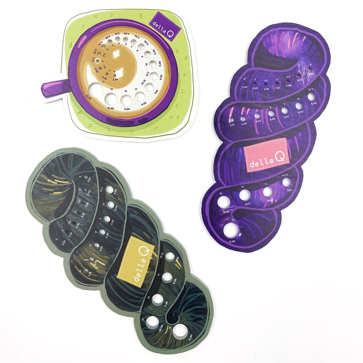 Della Q Needle Gauge - Premium Fabric Print Collection - Coffee and Yarn Purple for Knitters