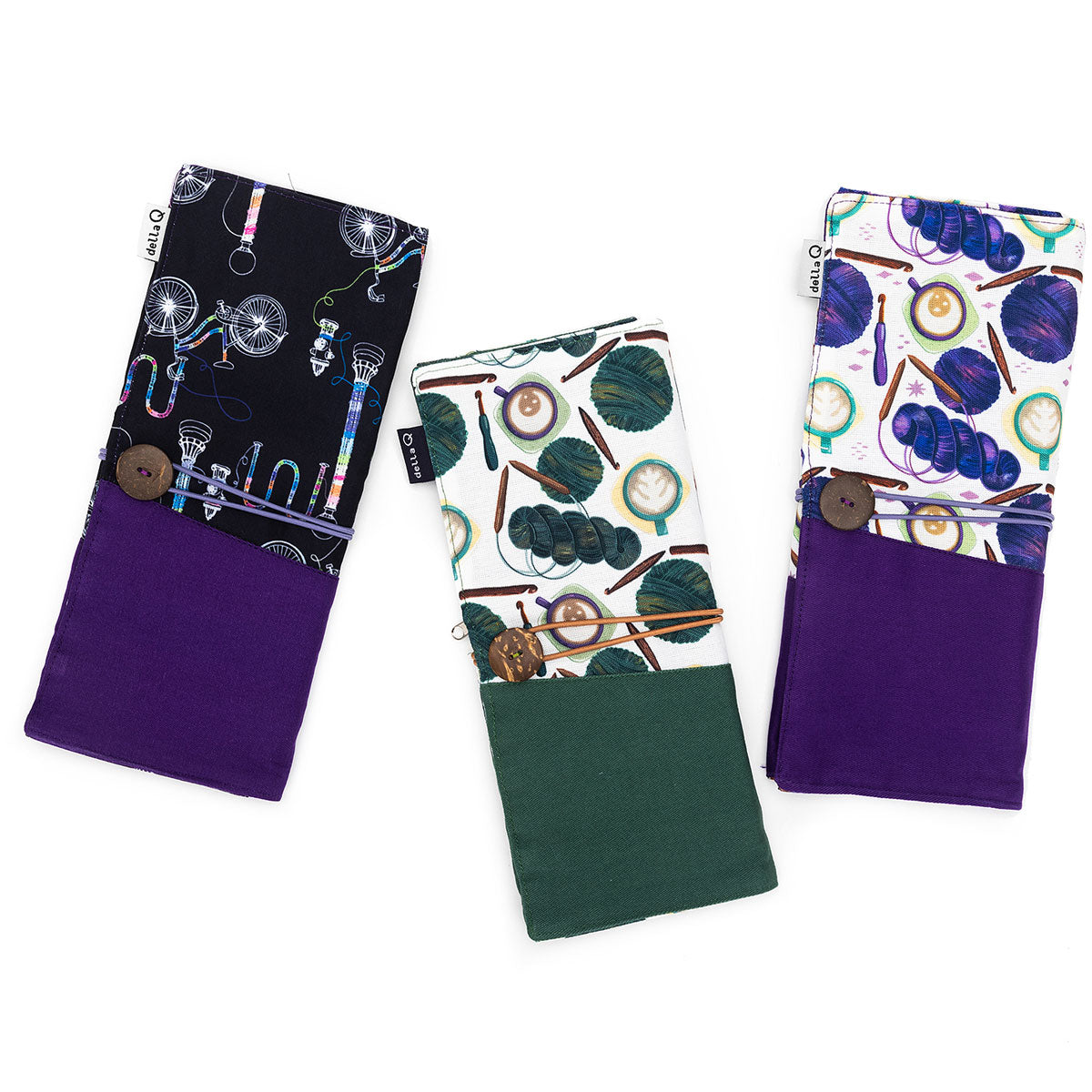 della Q Tri-Fold Circular Needle Case 1145 - Coffee and Yarn Purple Fabric Print Collection for Organized Knitting