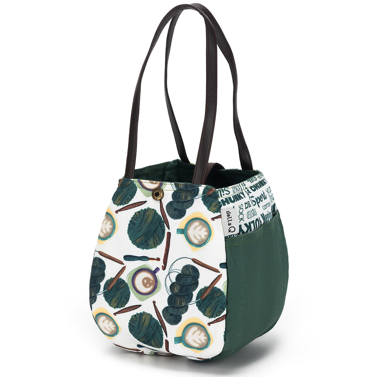 della Q Rosemary 220-1 Premium Fabric Print Collection - Coffee and Yarn Green Knitting & Crocheting Project Bag