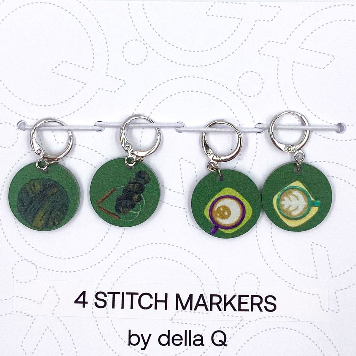 della Q Premium Stitch Marker Sets - Exclusive Fabric Print Collection - Coffee and Yarn Green