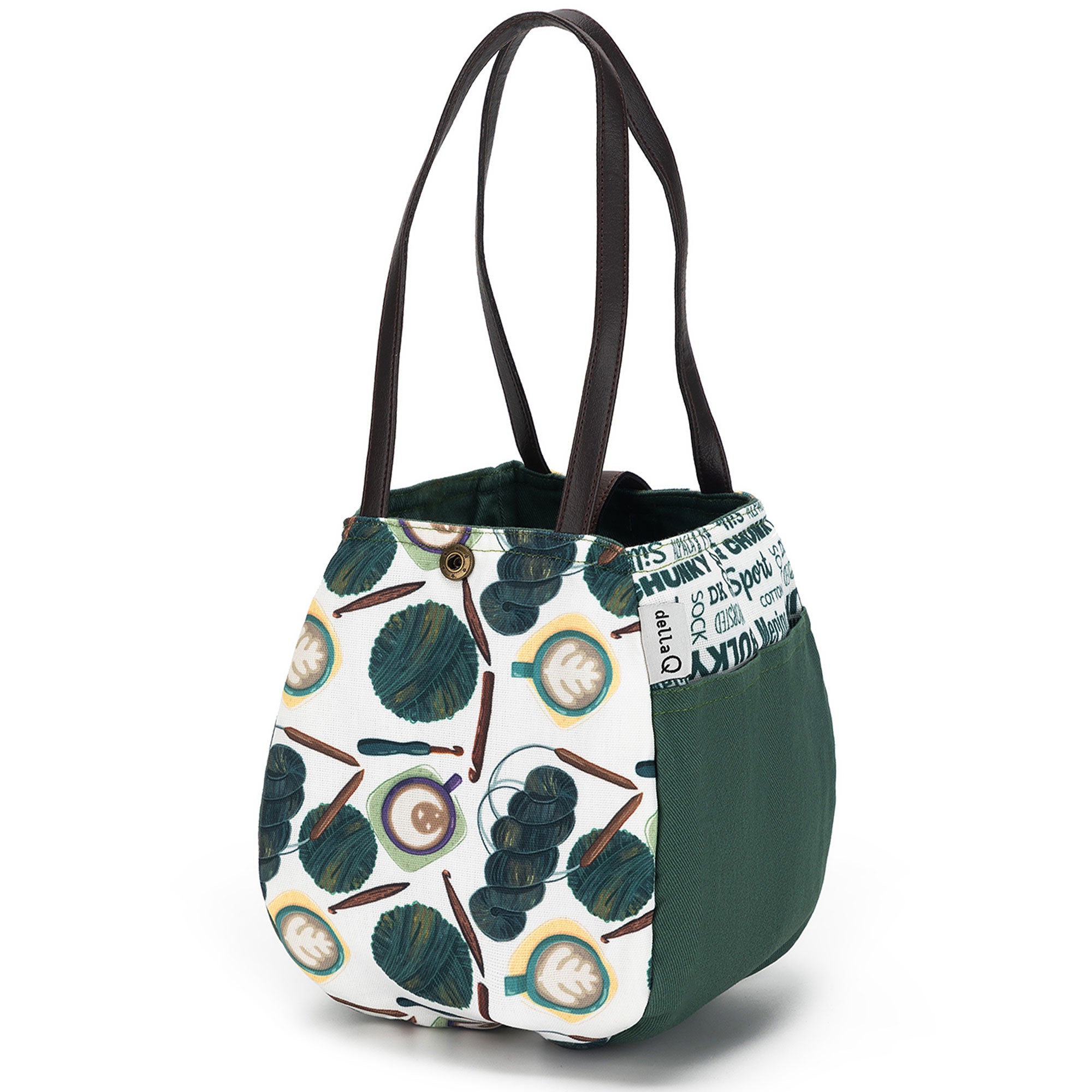 della Q Rosemary 220-1 Premium Fabric Print Collection - Coffee and Yarn Green Knitting & Crocheting Project Bag