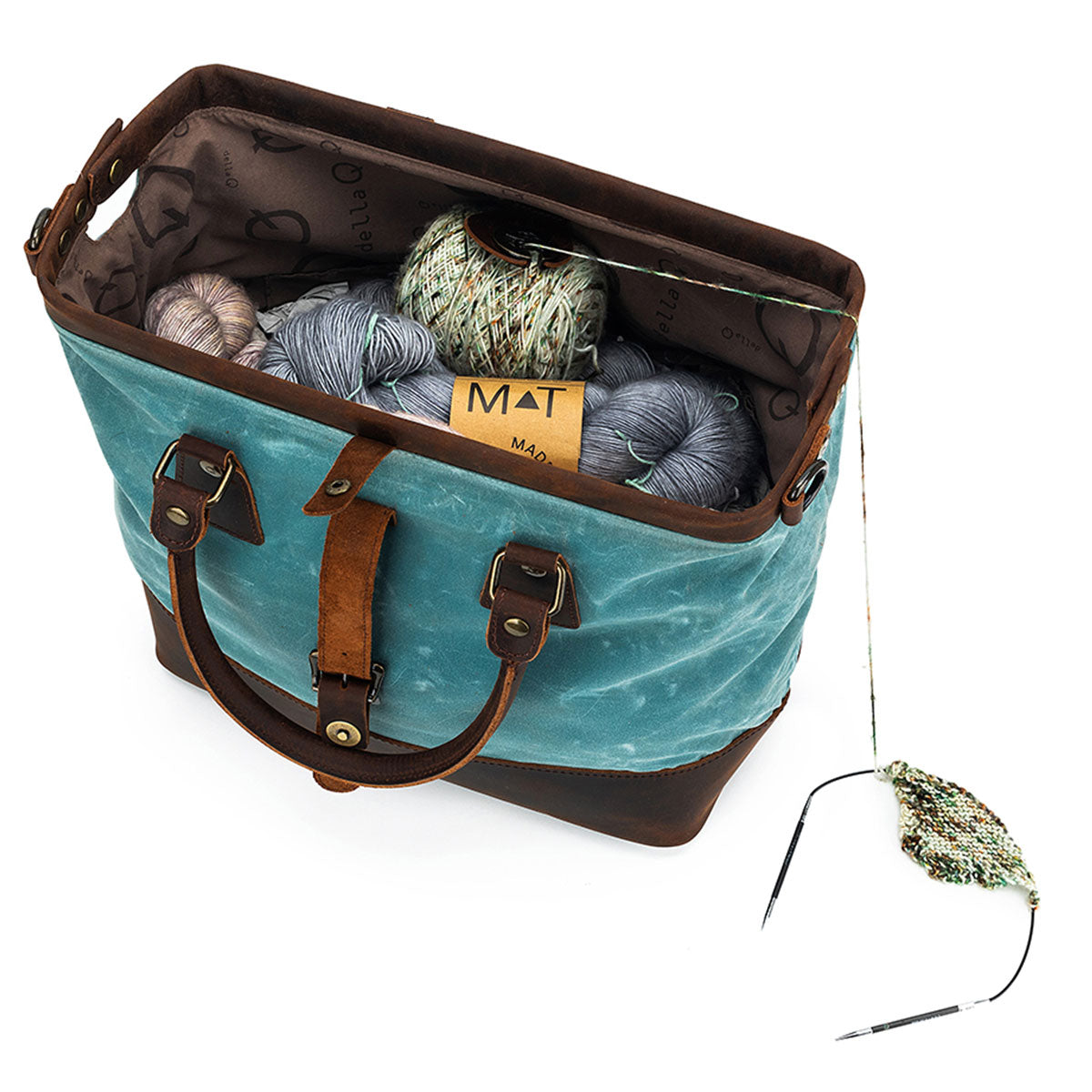 Della Q Stylish Maker's Canvas Satchel in Teal for Knitters and Crocheters