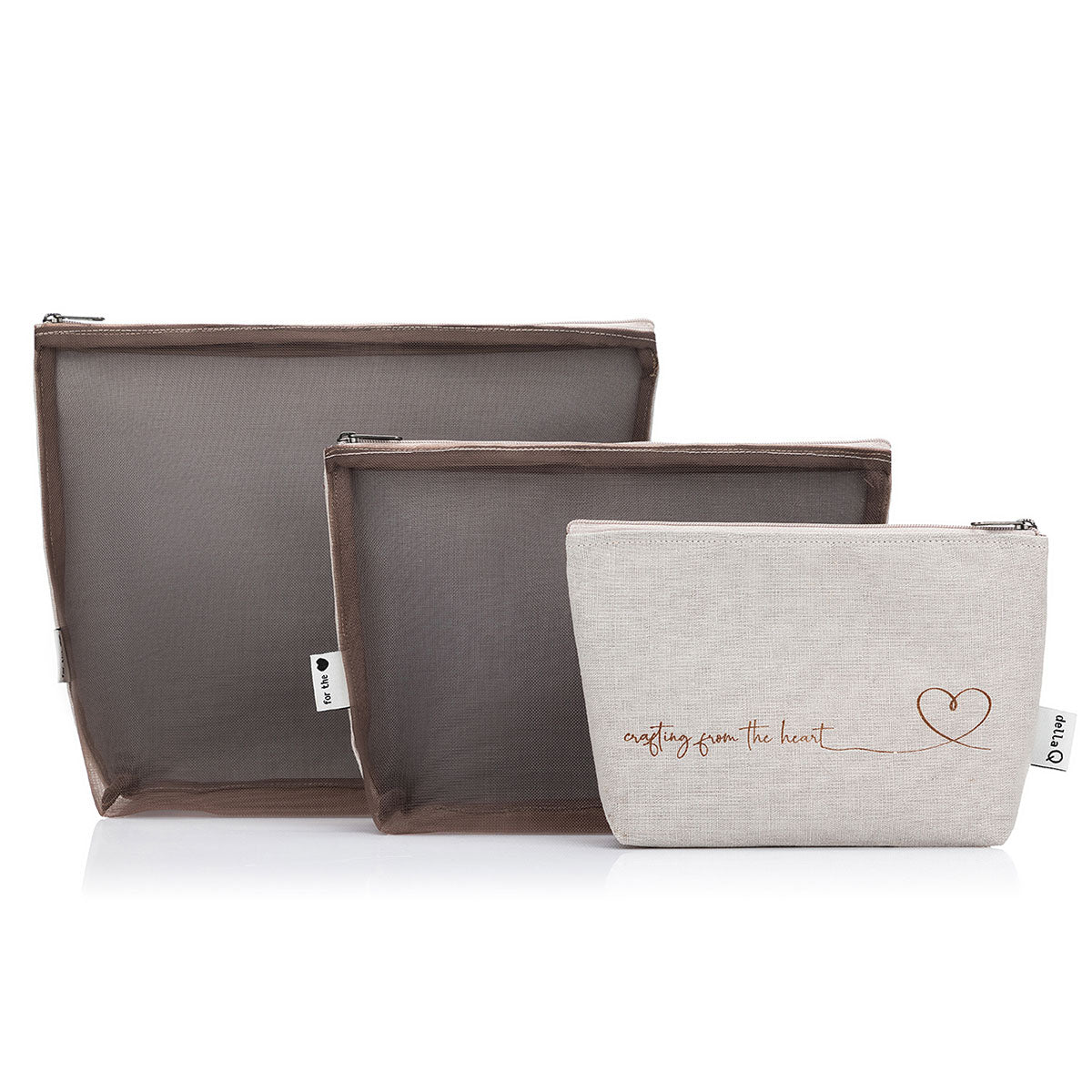 della Q Mesh + Zip Collection 1123 - 1 - Stylish Linen Pebble - Three - Piece Nesting Zipper Pouches