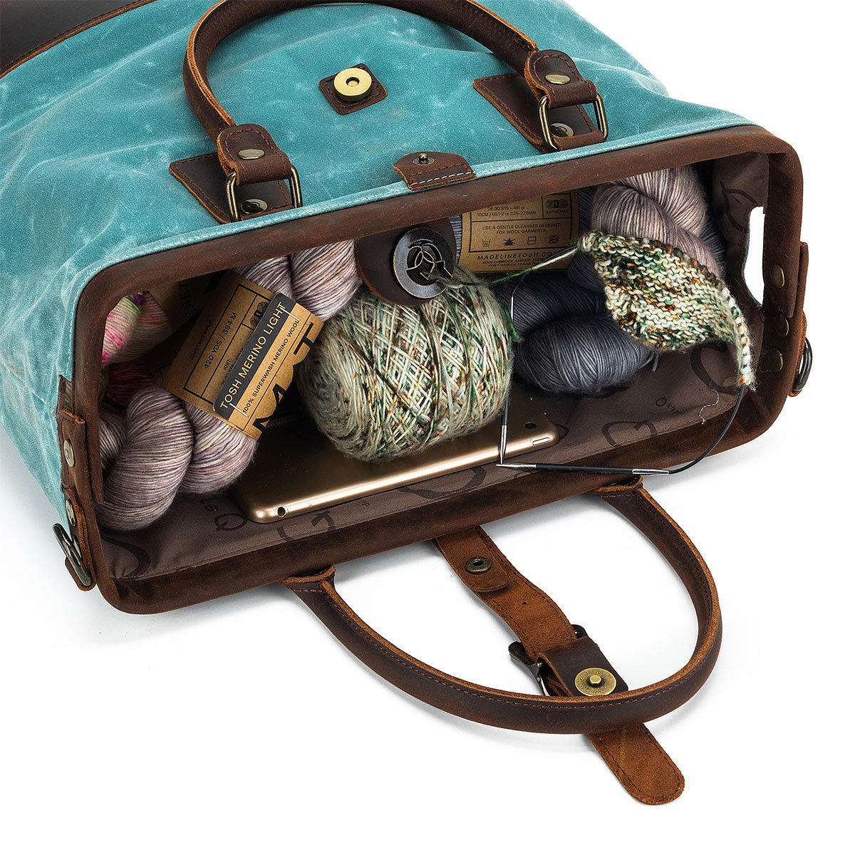 Della Q Stylish Maker's Canvas Satchel in Teal for Knitters and Crocheters