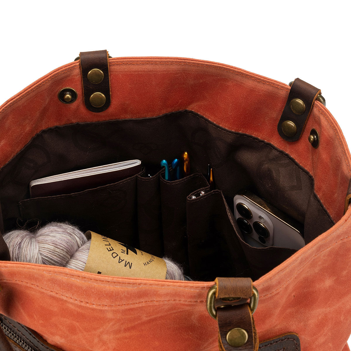 della Q Maker's Stylish Orange Canvas Tote for Knitters and Crocheters