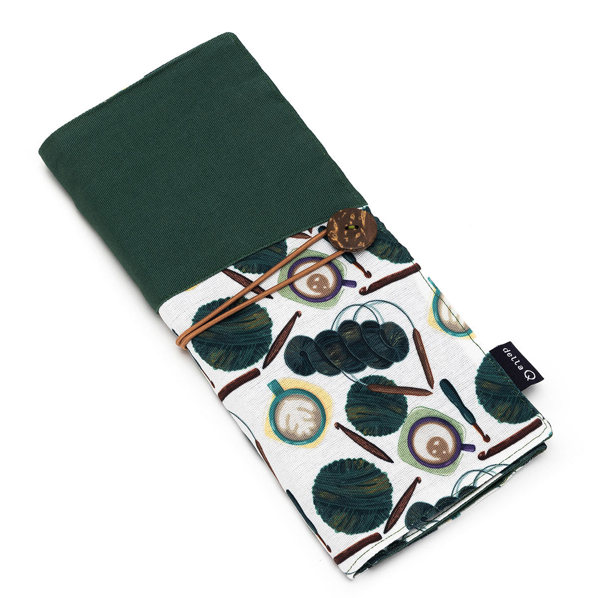 della Q Tri-Fold Circular Needle Case 1145 - Fabric Print Collection - Stylish Coffee and Yarn Green