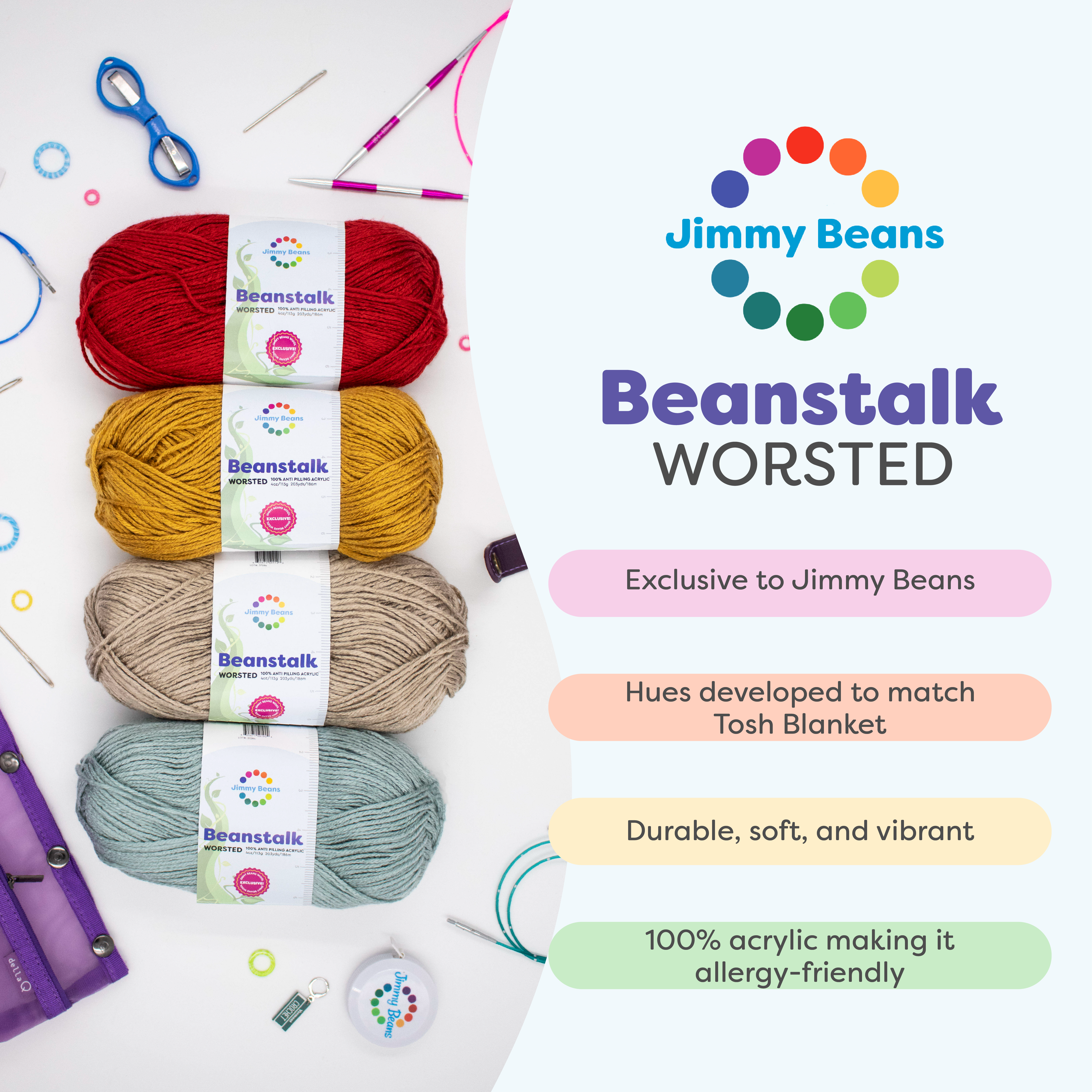 Jimmy Beans Wool 2025 Knit Blanket Club Kits - Beanstalk Worsted Yarn in Beachy Keen Color for Cozy Blanket Making