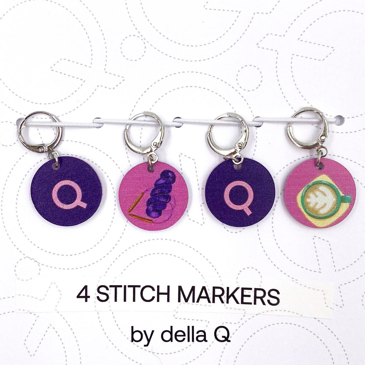 della Q Coffee and Yarn Purple Fabric Print Collection Stitch Marker Sets - Ideal for Knitting Enthusiasts
