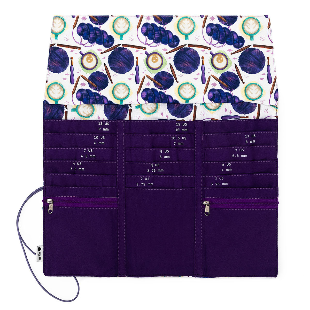 della Q Tri-Fold Circular Needle Case 1145 - Coffee and Yarn Purple Fabric Print Collection for Organized Knitting