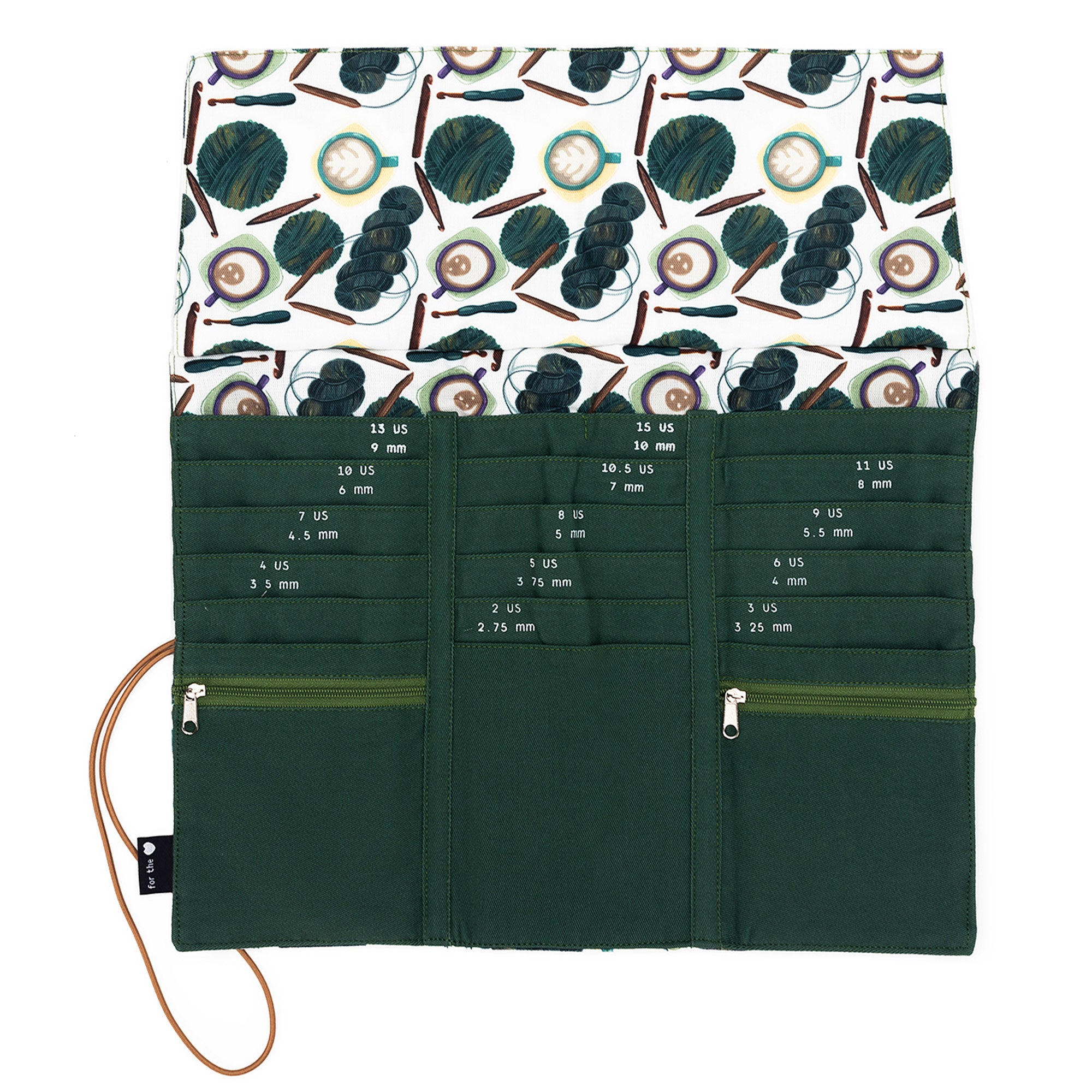 della Q Tri-Fold Circular Needle Case 1145 - Fabric Print Collection - Stylish Coffee and Yarn Green