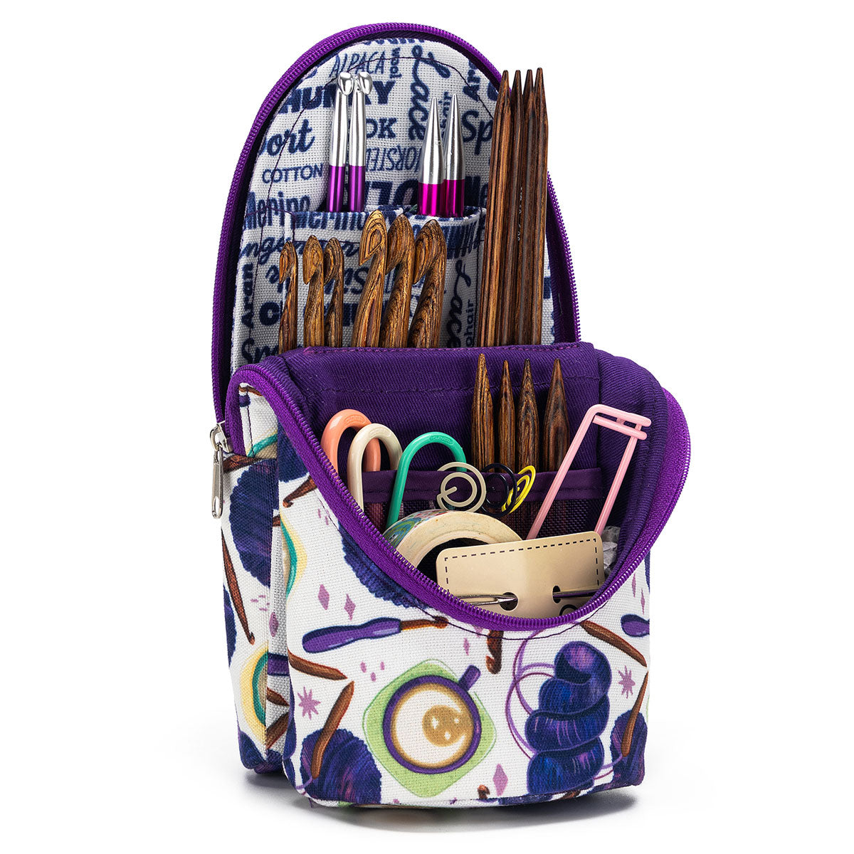 della Q Premium Standing Needle Case - 600 - Exquisite Fabric Print Collection - Coffee and Yarn Purple