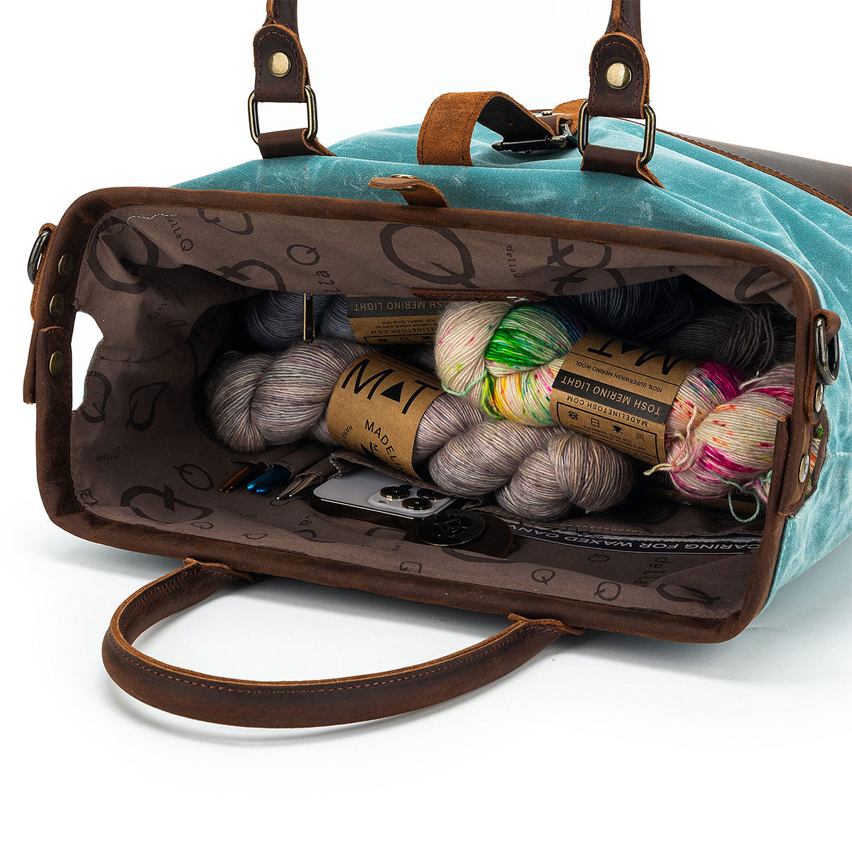 Della Q Stylish Maker's Canvas Satchel in Teal for Knitters and Crocheters