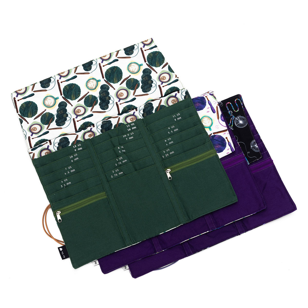 della Q Tri-Fold Circular Needle Case 1145 - Coffee and Yarn Purple Fabric Print Collection for Organized Knitting