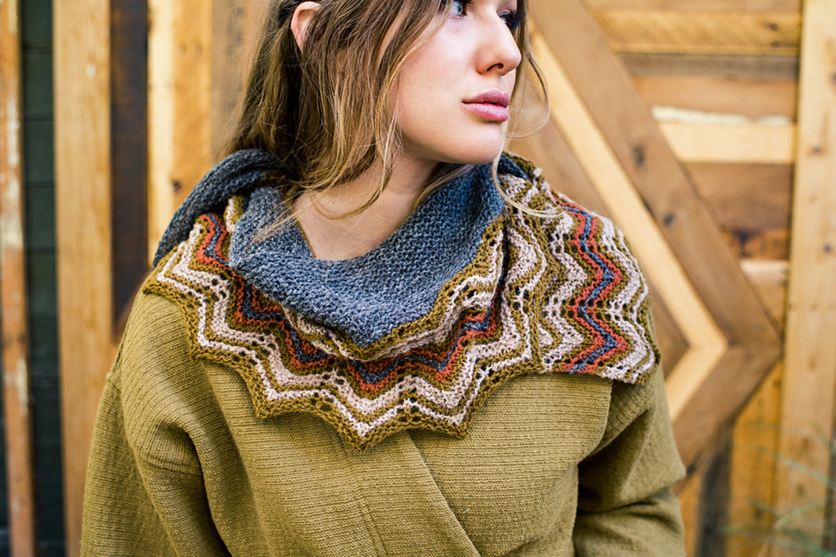 Jamieson's of Shetland Tarra Scarf Kit with Razor Shell Pattern in Shaela, Auld Gold, Camel, and Cocoa