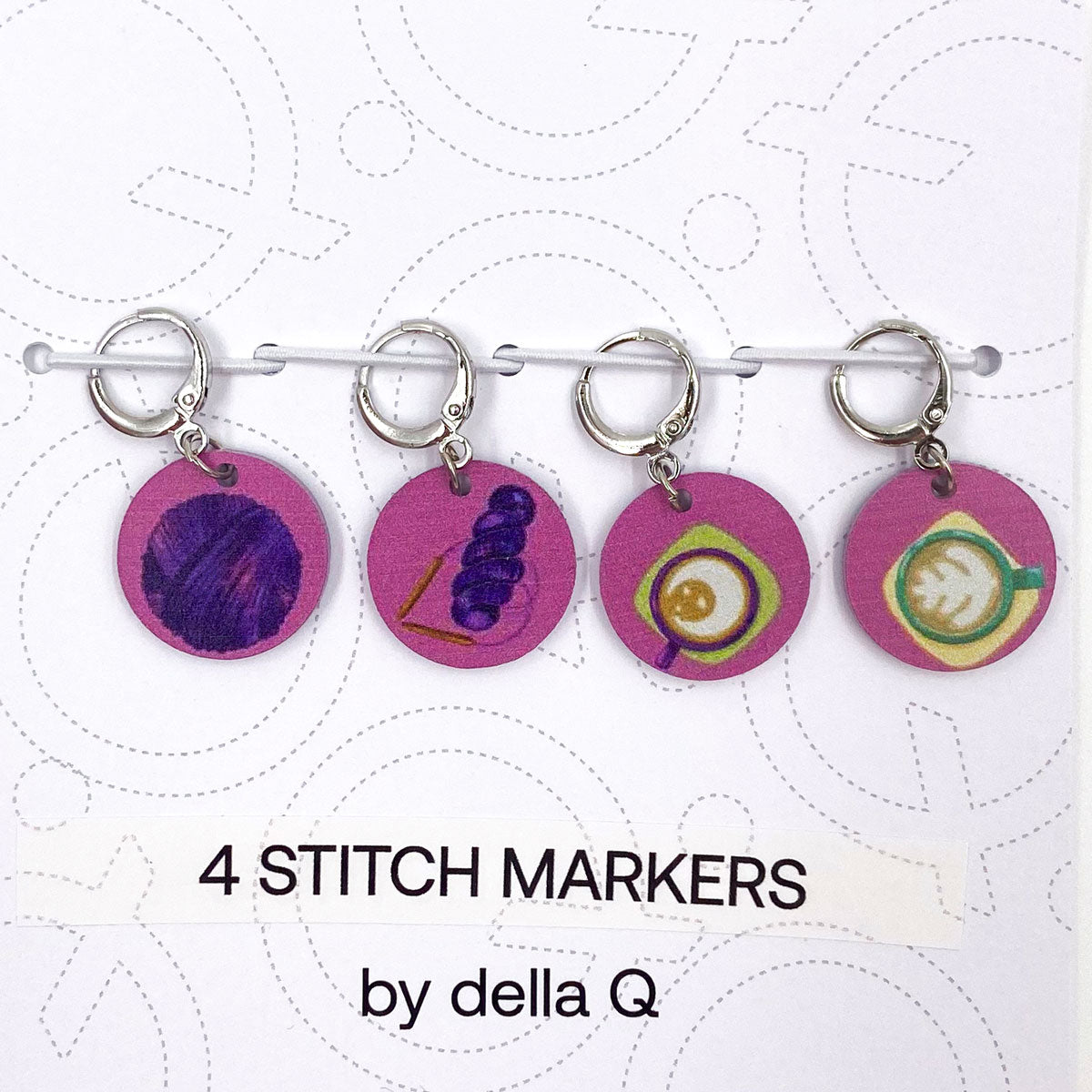 della Q Coffee and Yarn Purple Fabric Print Collection Stitch Marker Sets - Ideal for Knitting Enthusiasts
