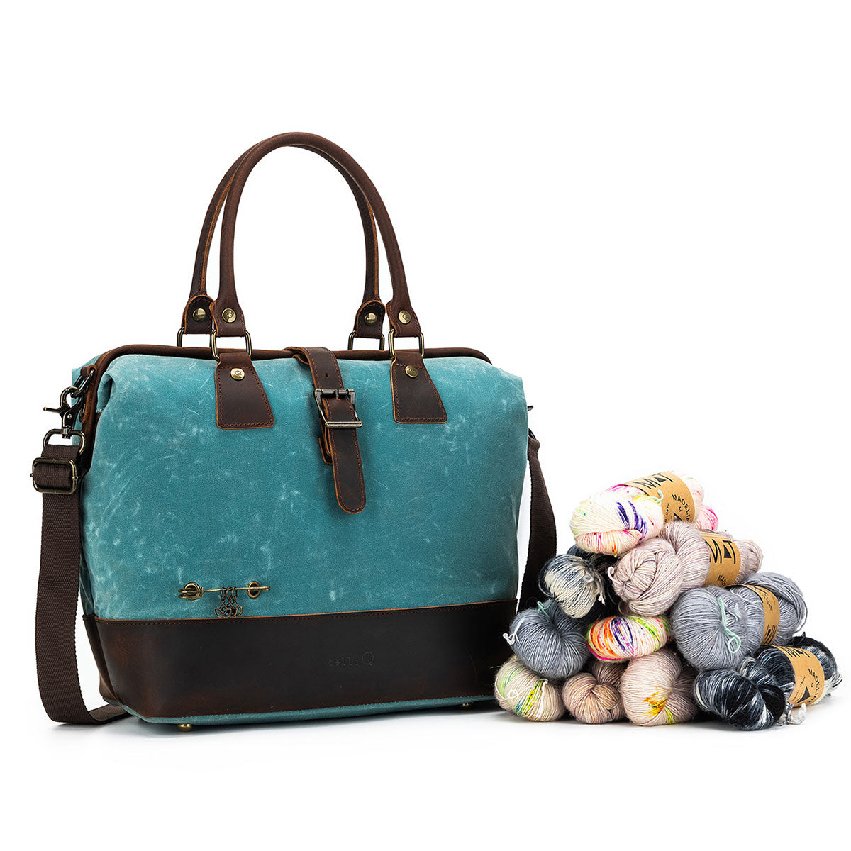 Della Q Stylish Maker's Canvas Satchel in Teal for Knitters and Crocheters